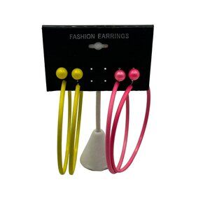 Bright Neon Yellow & Pink Hoop and Stud Earrings Set